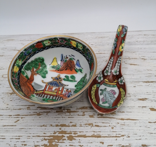 Set Of 2 Chinese Soup Bowl & Spoon, Chinese Noodle Spoon, Oriental Set, Asian With Spoon