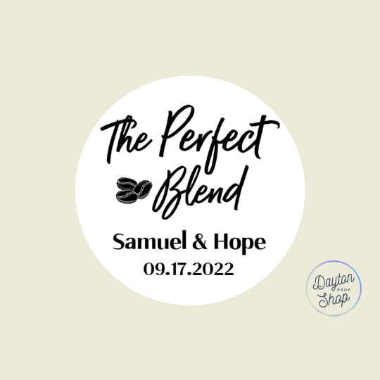 Custom Name Date The Perfect Blend Coffee Wedding Stickers For Reception Guest Favors, Hotel Welcome Bags, Bean Latte Favor