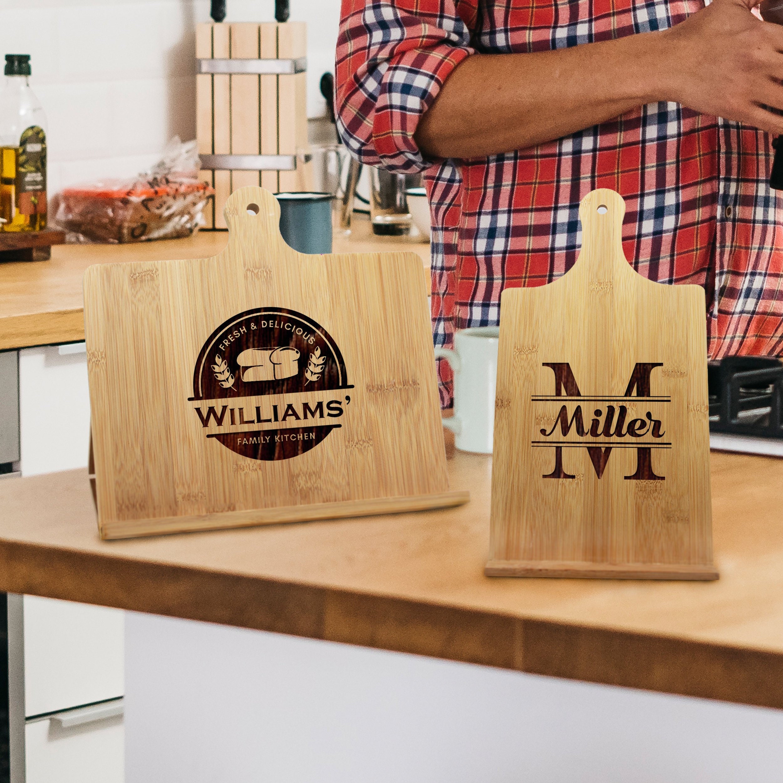 Engraved Cookbook Holder - Wood Cook Book Stand Customized Kitchen Gift Gifts For Chef Monogram Decor, Personalized Baker
