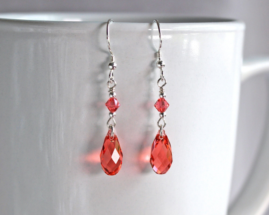 Pink Coral Swarovski Crystal Briolette Earrings