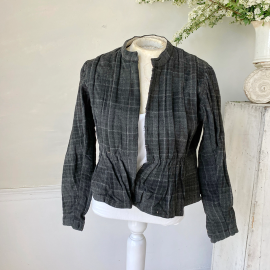 Wool Flannel Blend 1880-1890 Plaid Bodice French Antique Clothing Workwear Work Wear Black