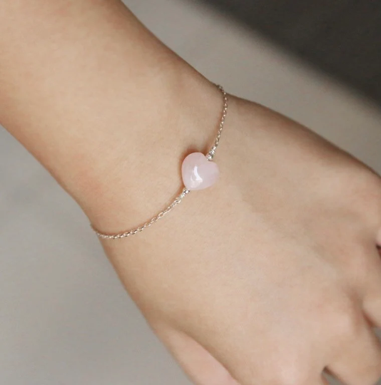 S925 10mm Rose Quartz Heart 6/7/8 Inches With 0.5 Inch Extender Crystal Bracelet
