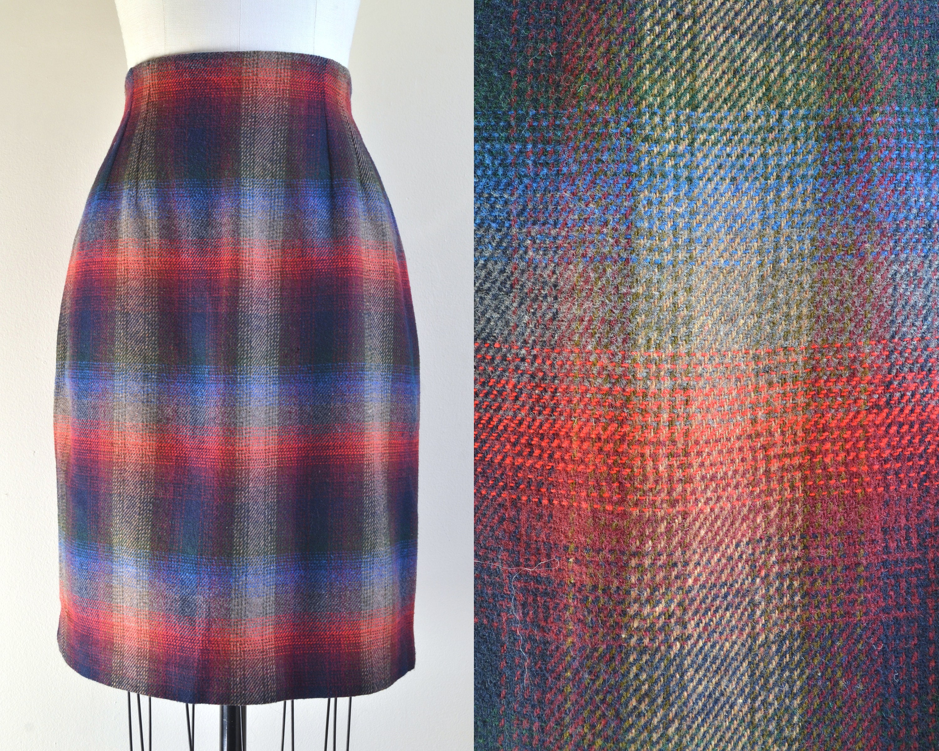 Vintage 1990S || "Gen X' Wool-Blend Midi Skirt With Navy, Mid-Blue, Red, Burgundy, & Beige Plaid Pattern Size 10 | Medium