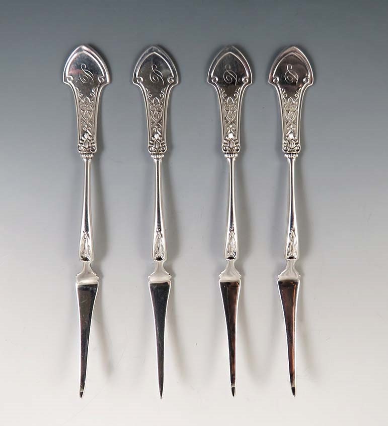 4 Antique 1870's-90's Gorham Sterling Silver Corinthian Nut Seafood Lobster Picks D-Mono
