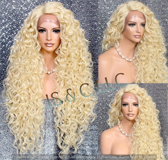 Bleached Blonde Human Hair Blend Full Lace Front Wig Extra Volume & Curly Untamed Wild Heat Ok Side Parting Cancer Aloepcia Anime