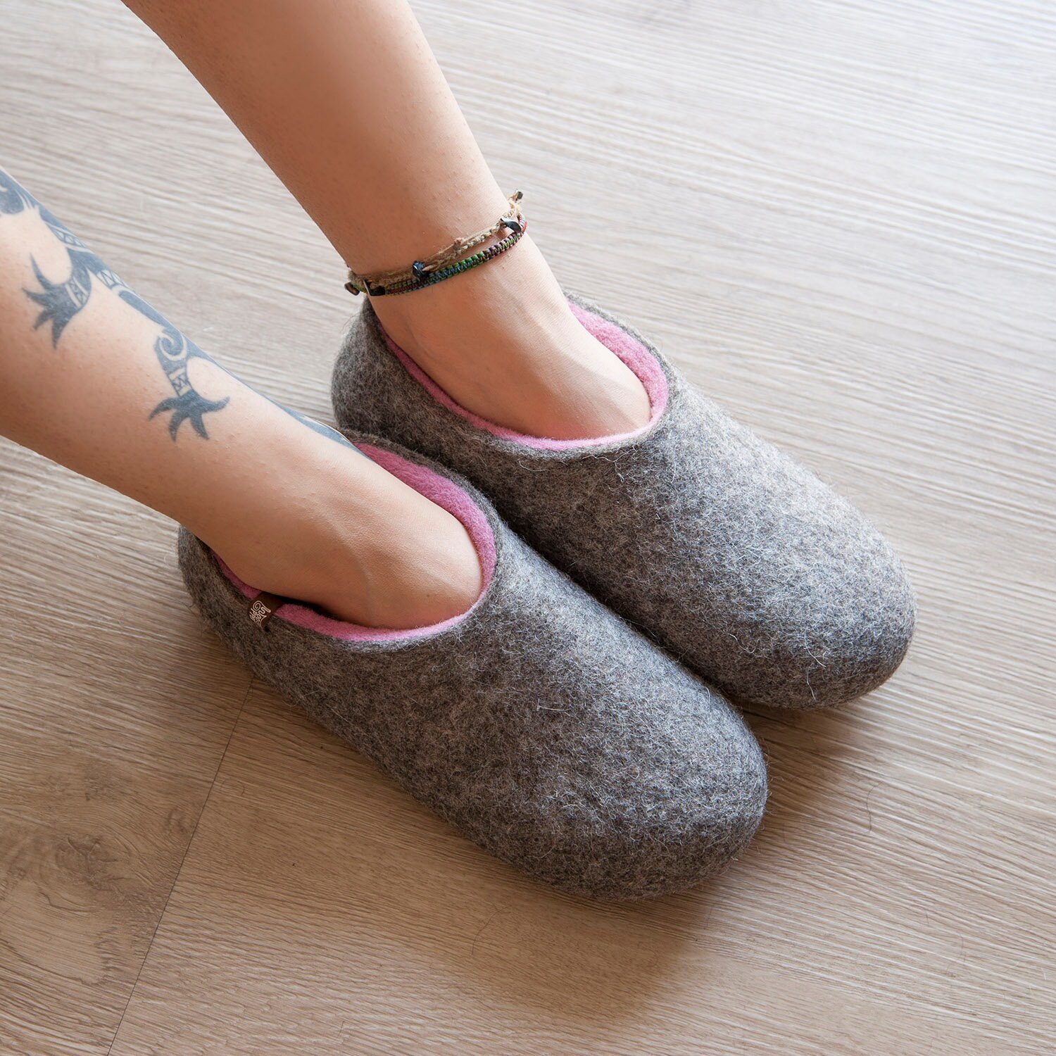 Felt Wool Slippers Womens, Wet Felted in Natural Organic Grey & Pink