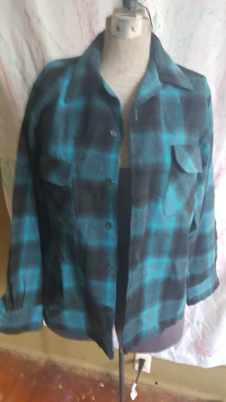 Vintage 1970S Era Women's Wool Blend Shirt. Teal & Black Plaid, Long Sleeves Pockets. Western Style. Size M/Medium. Free Shipping