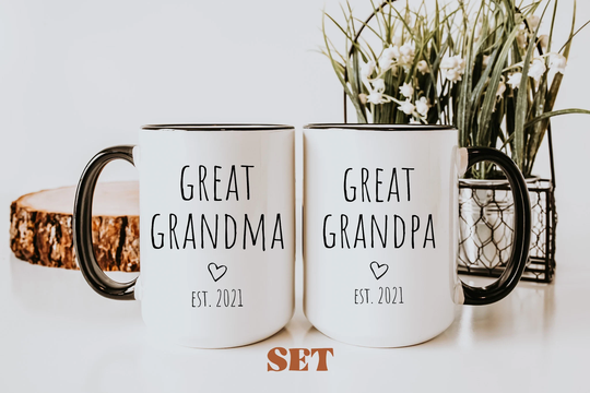 Great Grandparents Coffee Mug Gift Set, Grandma & Grandpa Established Custom Gifts Baby Reveal For