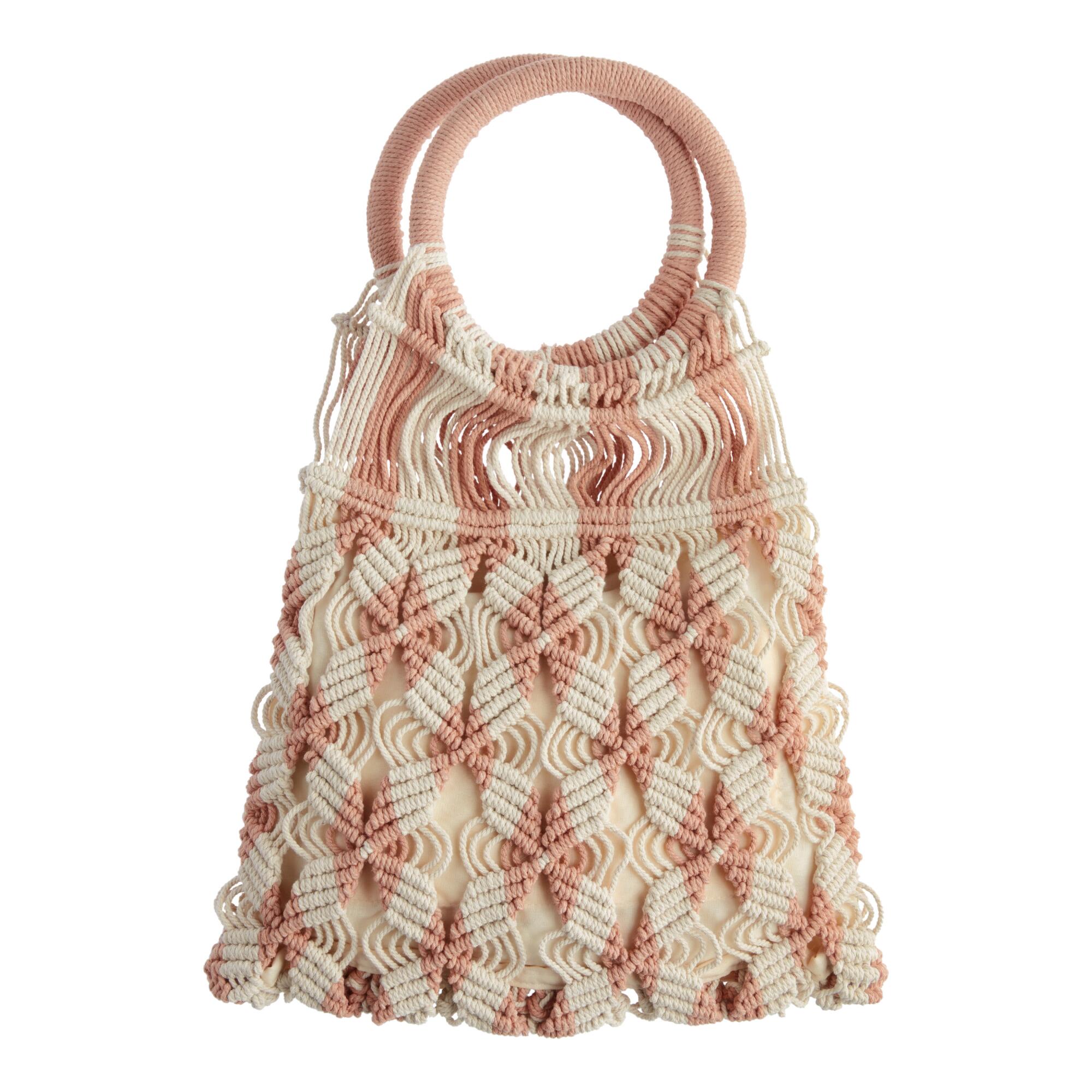 Peach and Ivory Circle Handle Crochet Tote Bag by World Market