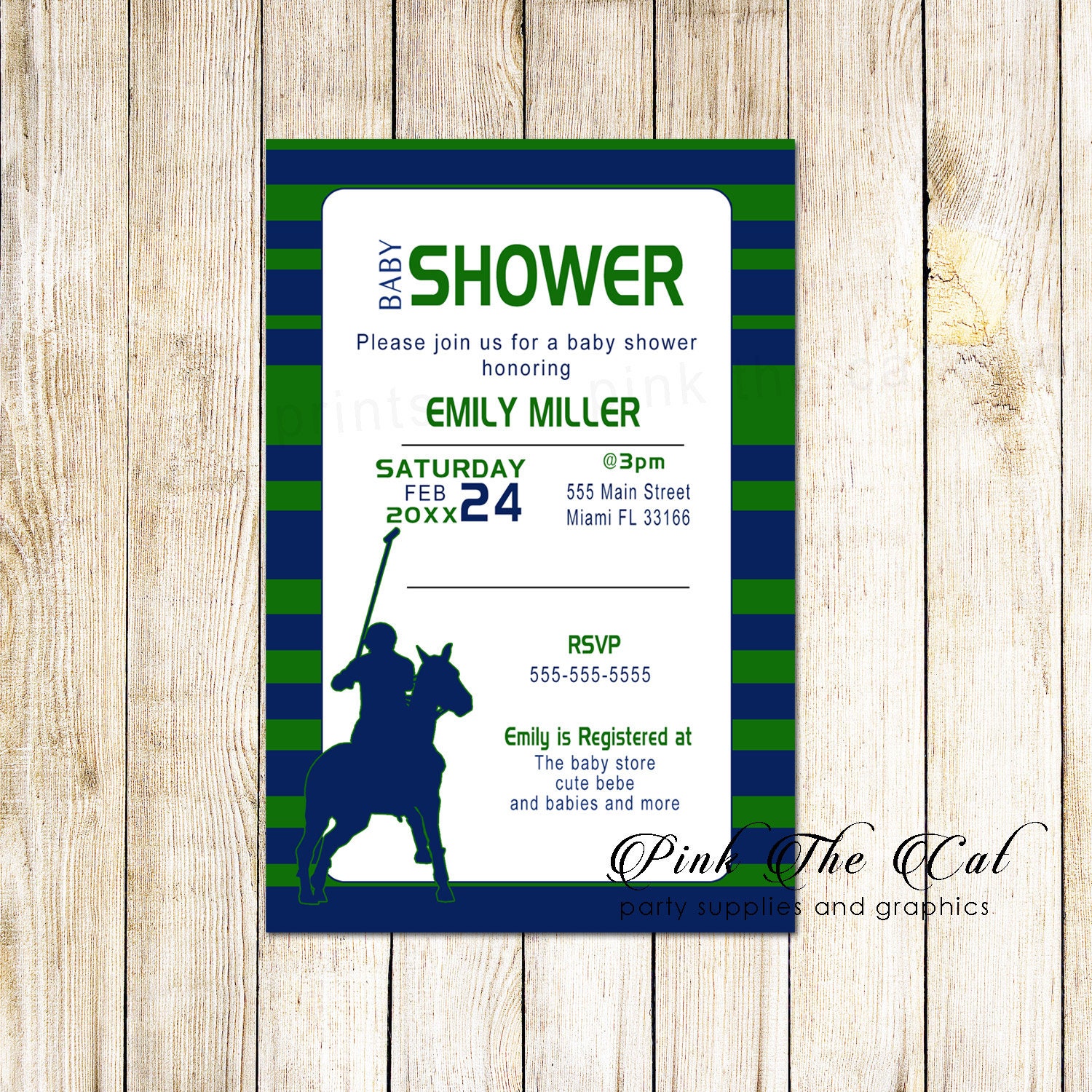 Green Navy Bue Polo Invitation, Baby Shower Boy 1st Birthday Kids Party Printable Invitation Custom