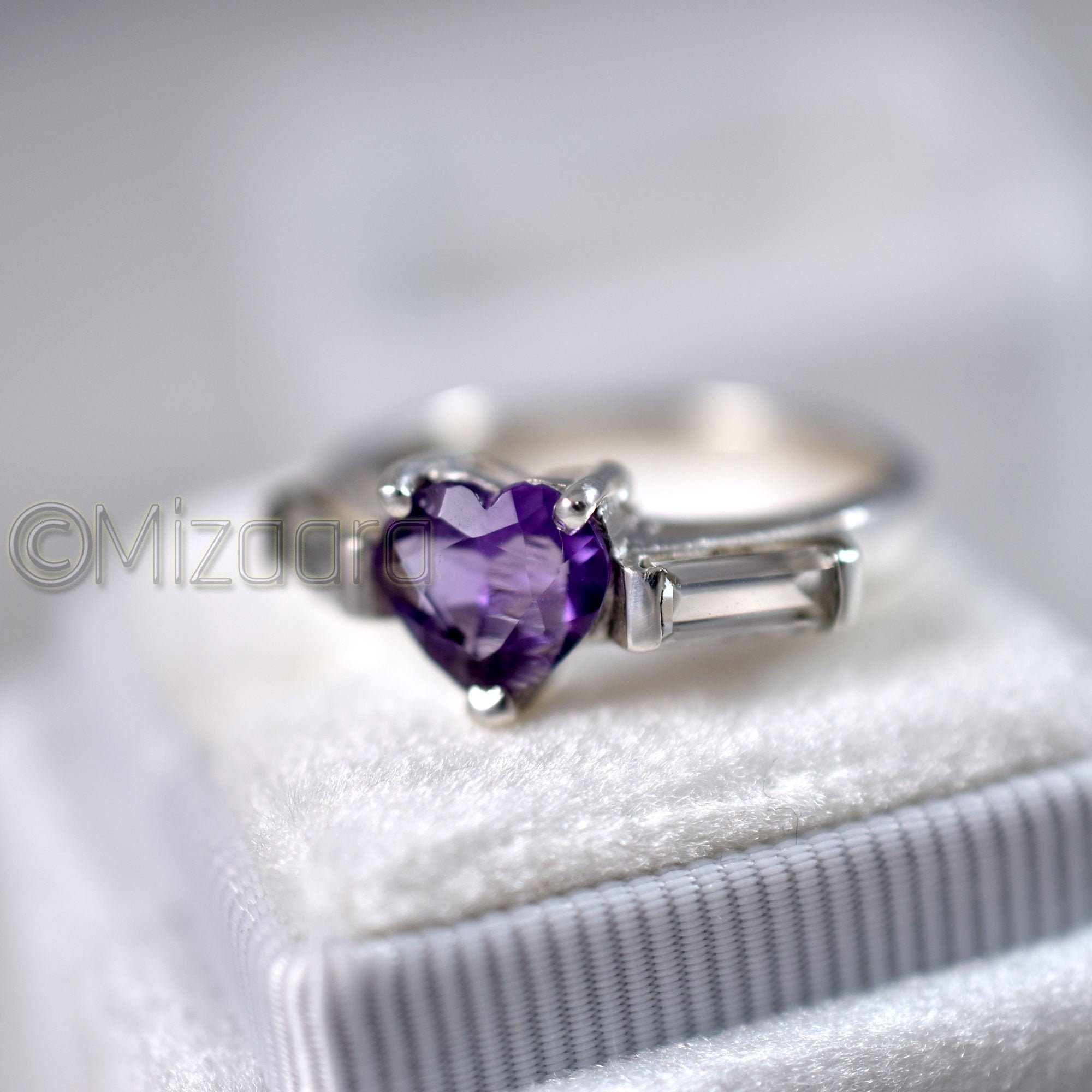 Heart Amethyst Ring Womens Jewelry, Wedding Ring Natural Amethyst February Birthstone Mother's Day Gift Baguette Cz 925 Silver