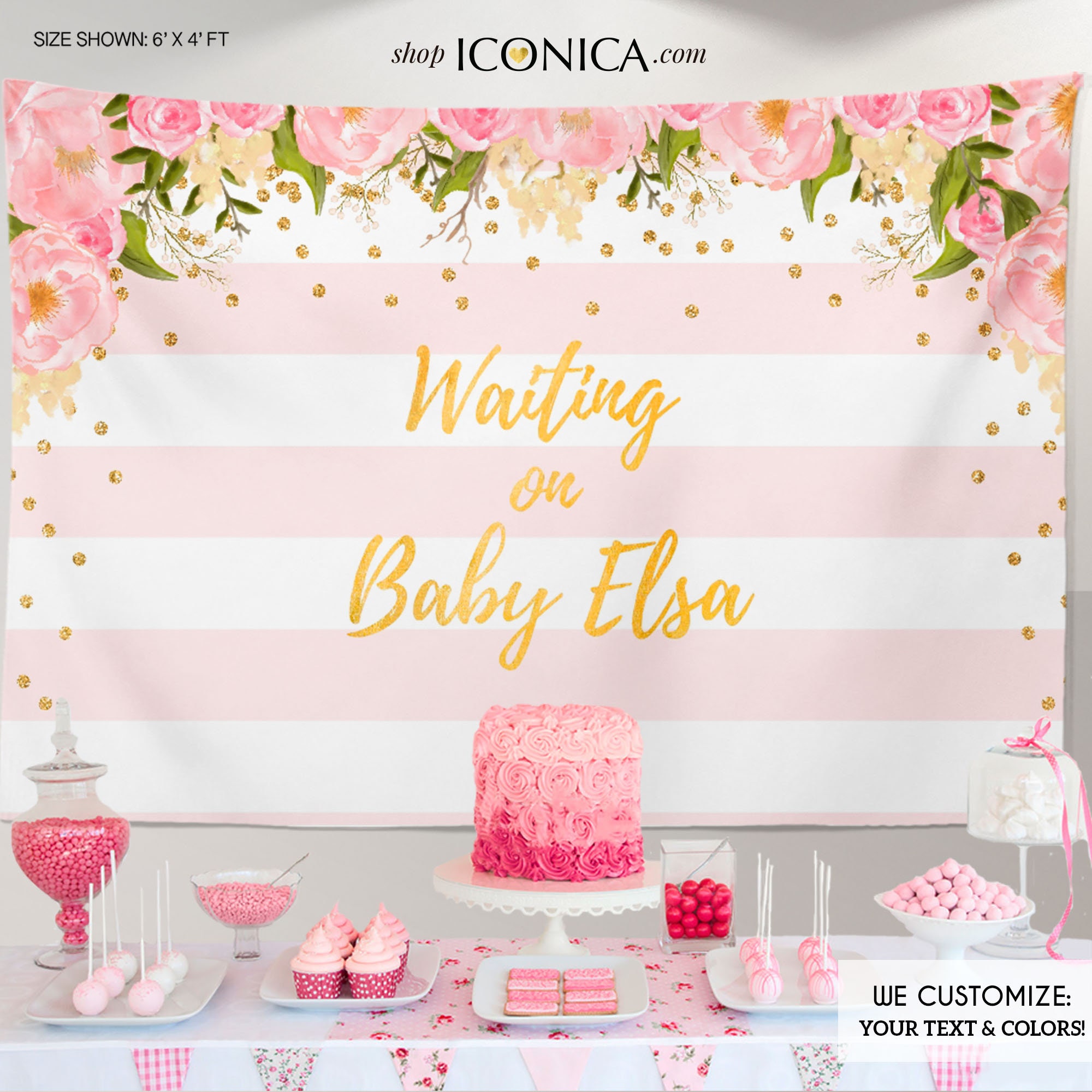 Floral Baby Shower Party Backdrop, Gold & Pink Dessert Table Banner, Any Wording Watercolor Garden Printed Or Printable