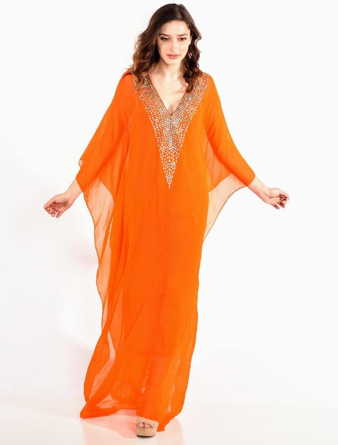Kaftan Dress, Chiffon Kaftan, Abaya Plus Size Clothing, Orange Wedding Beach Moroccan Long