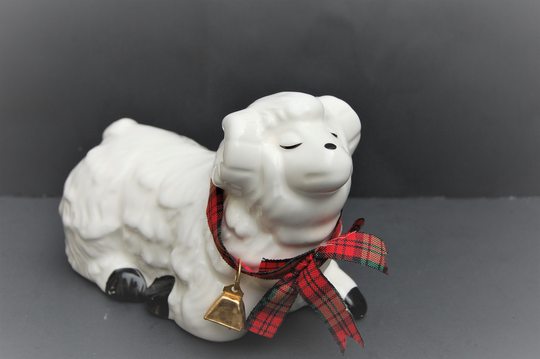 Vintage White Ram Sheep Ceramic Figurine | Christmas With Cow Bell & Plaid Ribbon Scarf
