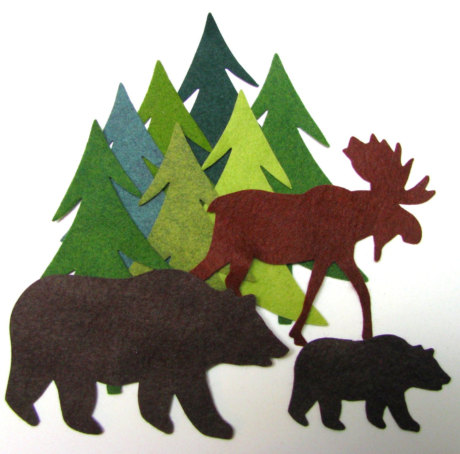 Wool Felt Blend, Northwoods Set, Diy, Appliques, Precision Die Cut, Quilting, Scrapbooking, Trees, Moose, Bear & Cub
