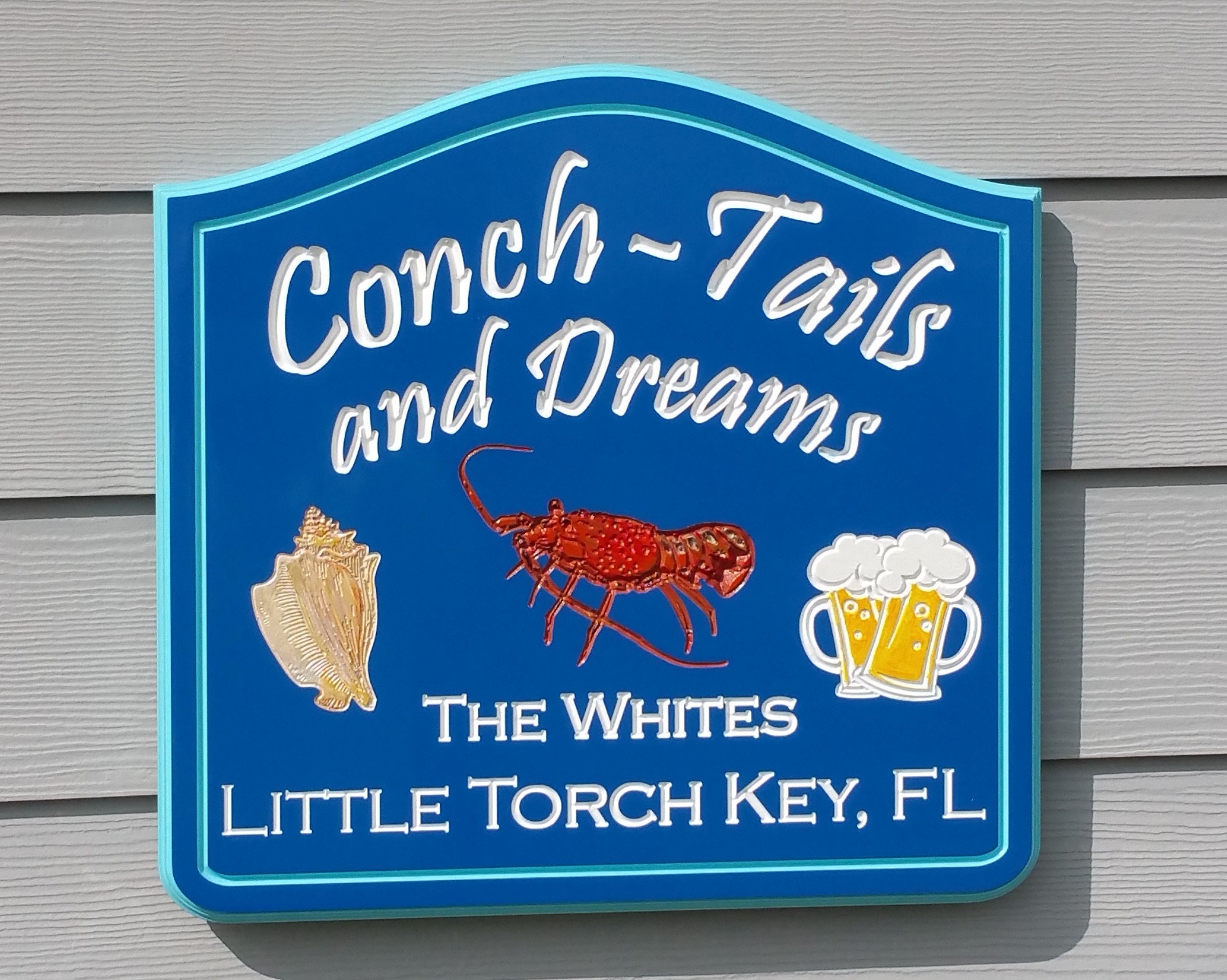 Custom Beach House Name Sign, Outdoor Pvc Signs Personalized, Conch Tails & Beer Tiki Bar Signage