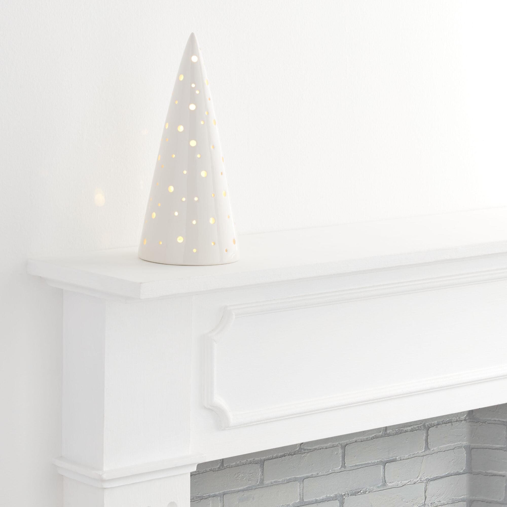 White Pierced Ceramic Cone Tree Light Up Decor 10 Inch - Medium by World Market