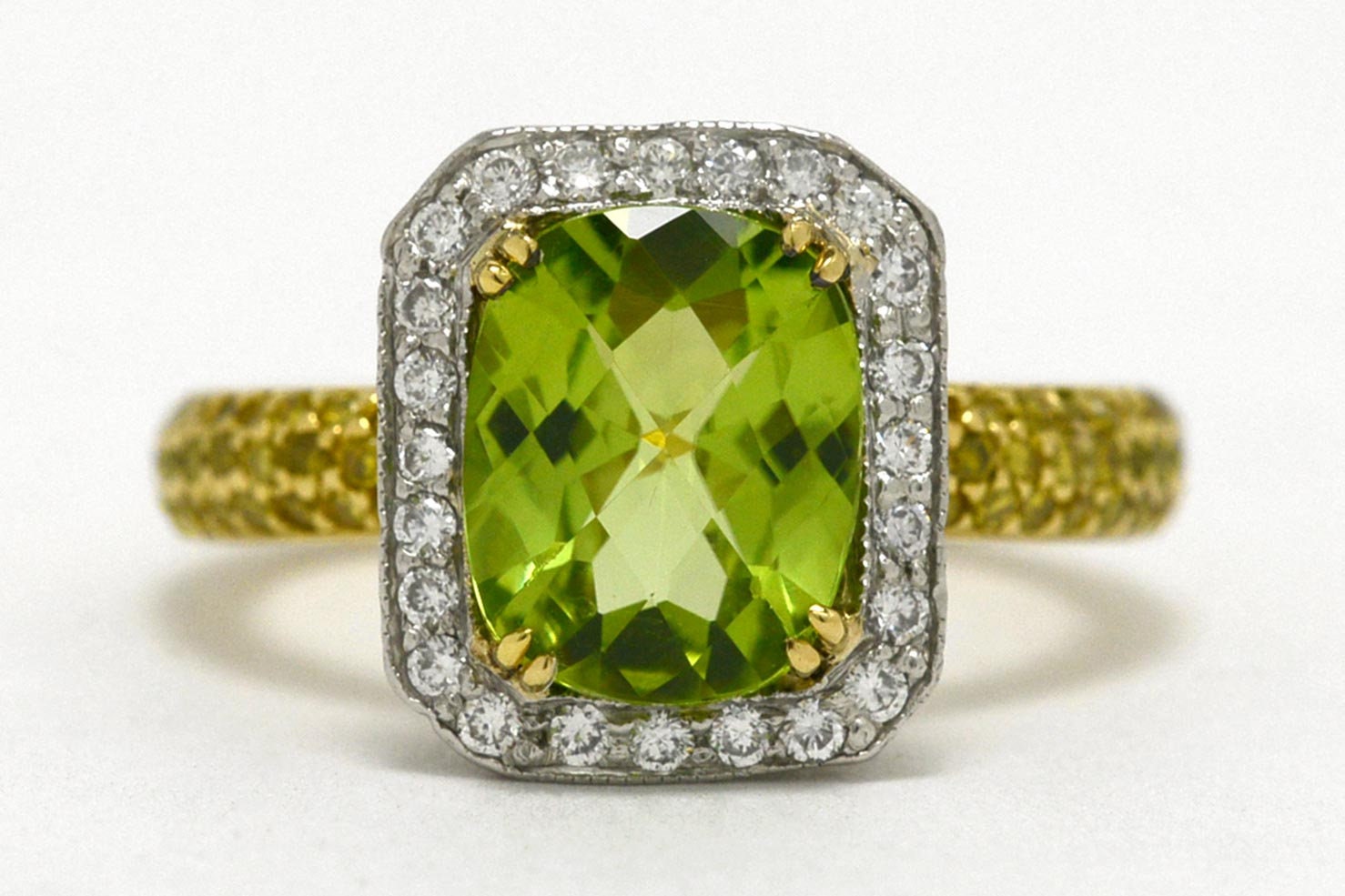 Peridot Diamond Halo Heirloom Vintage Engagement Ring Etruscan Revival Platinum 18K Yellow Gold 2 Tone Undercrown Green Gem Cocktail Jewelry