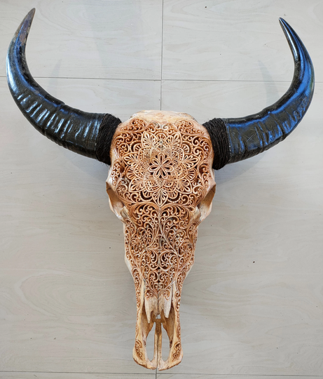 Carved Buffalo Skull Carving Small Mandala Tatto