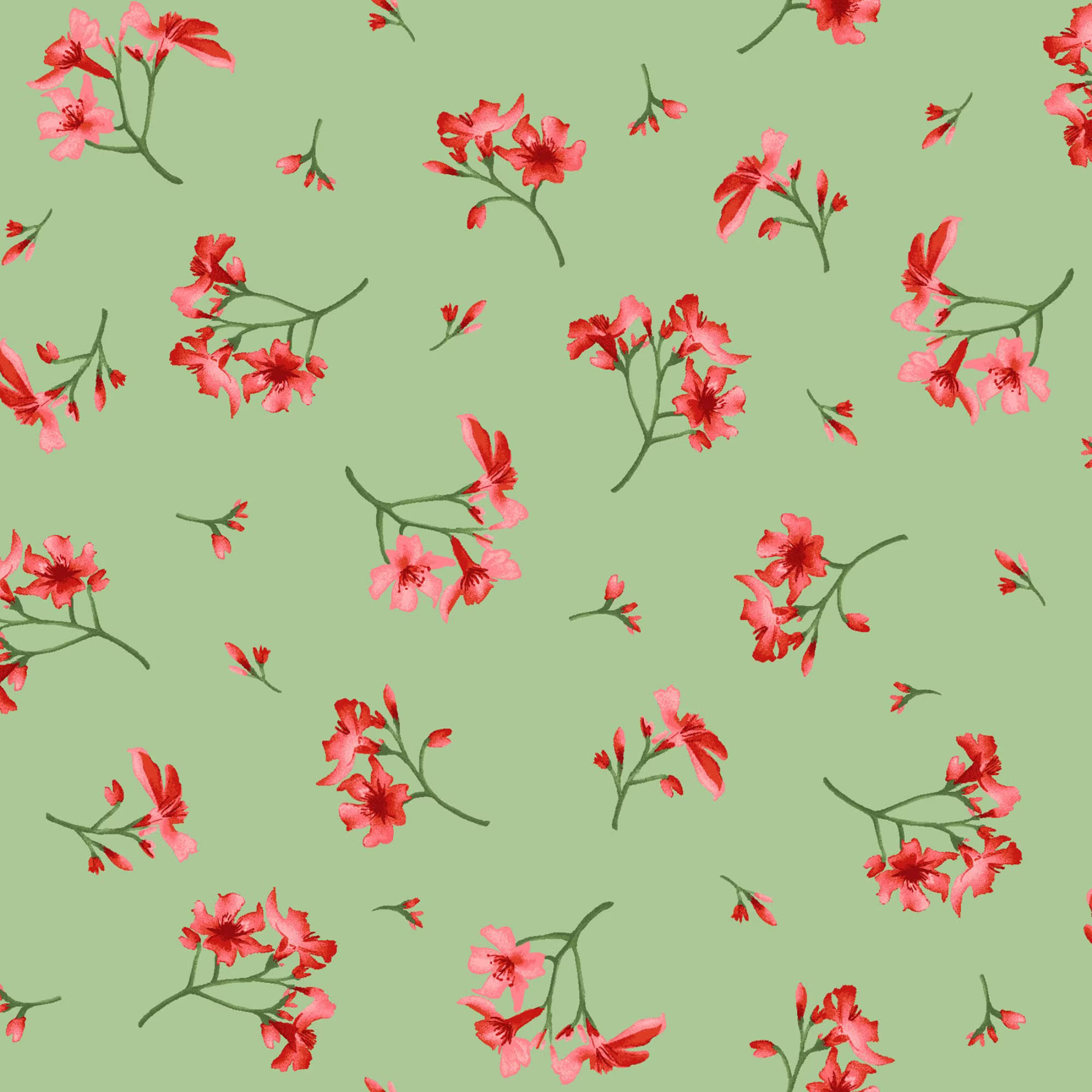 Peach & Coral Floral Fabric On Green, Maywood Studio Prose 9655-G, Quilt By The Yard, 100% Cotton, Blender