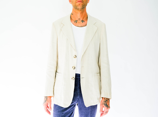 Vintage 90S Giorgio Armanii Linen Blend Textured Stripe Unstructured Three Button Blazer | Made in Italy 1990S Armani Designer Mens Jacket