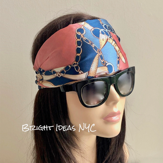 Chain Print Wide Scrunch Headband Scarf, Stretch Back Headband, Hair Bohemian Turban Head Wrap, Yoga, Extra