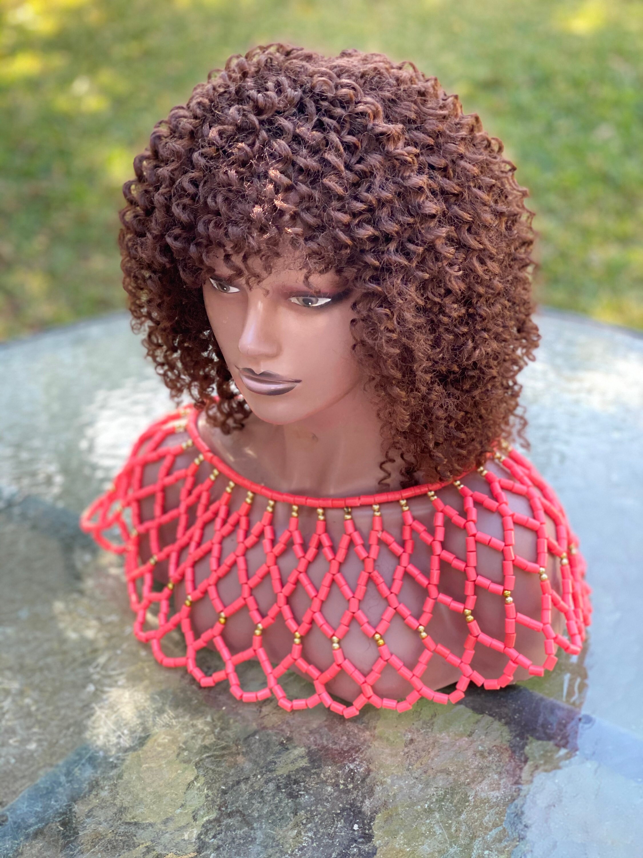 Handmade Curly Human Hair Blend Wig.brown