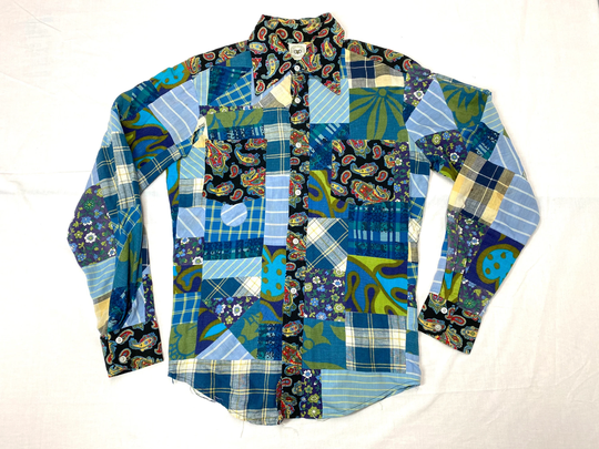 1960S Crazy Quilt Patchwork Shirt Size M Customized Rod Appliquéd On Back Tapered Slim Fit Psychedelic Hippie Rock Star