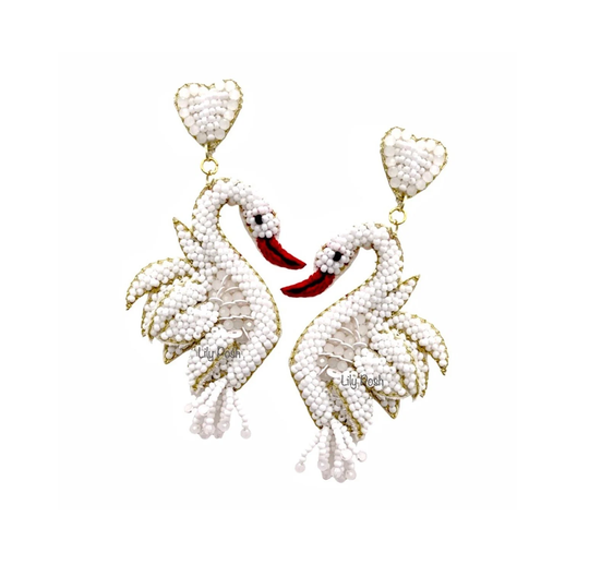 New Swan Earring, White Seed Bead Beaded Bird Animal Gift For Her