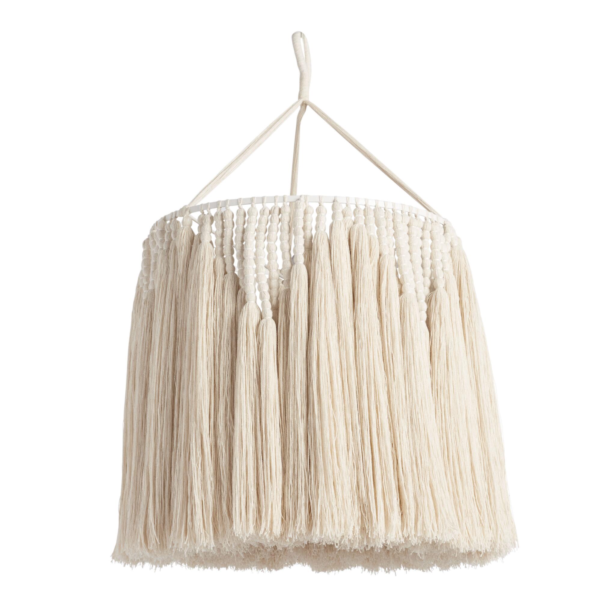White Beaded Macrame Pendant Shade - Fabric - Medium by World Market
