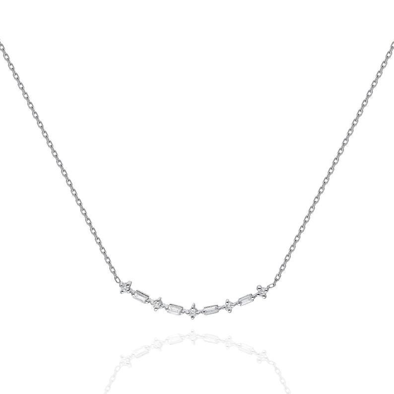 Minimalist Baguette Diamond Necklace, 14K Solid Gold 4 Prong Set Mixed Shaped Cute Gemstone Necklace