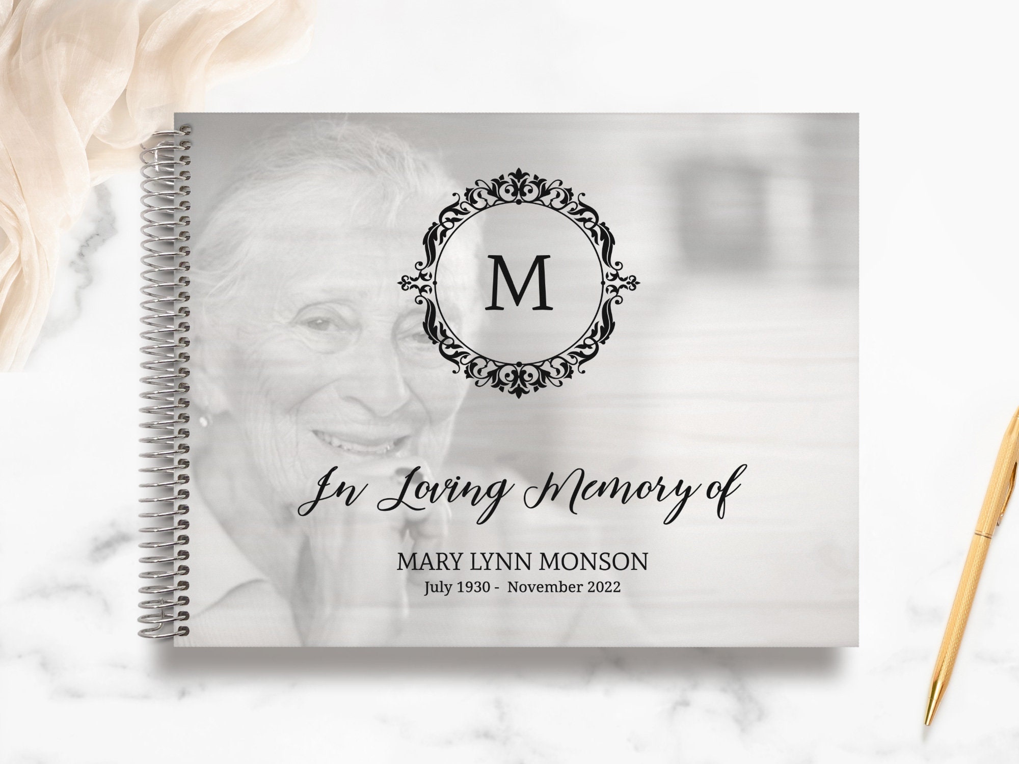 Funeral Guestbook | Remembrance Guest Book Memorial Personalized Registry Black Circle Monogram