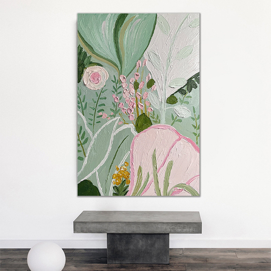 Original Pink Green Flower Painting On Canvas Custom Wall Art Floral Wabi Sabi Plants Living Room