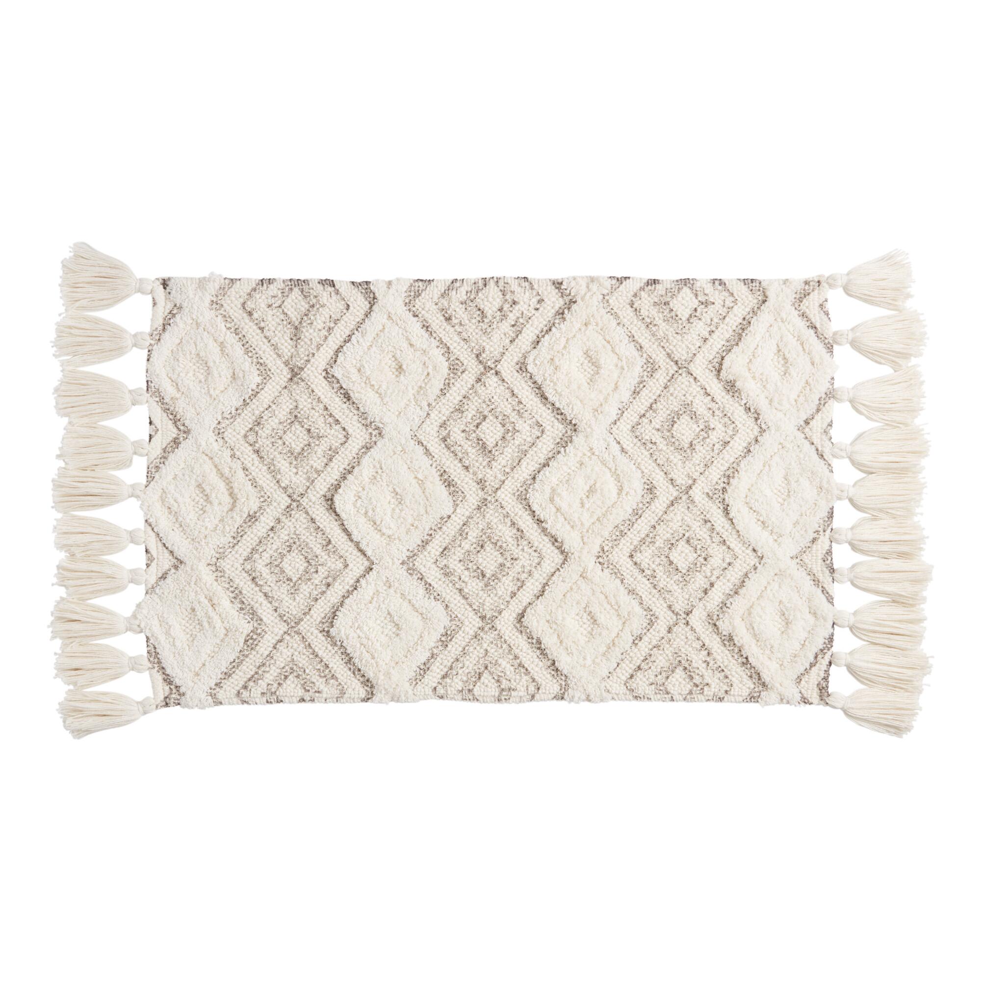 Ivory and Frost Gray Diamond Tassel Bath Mat by World Market