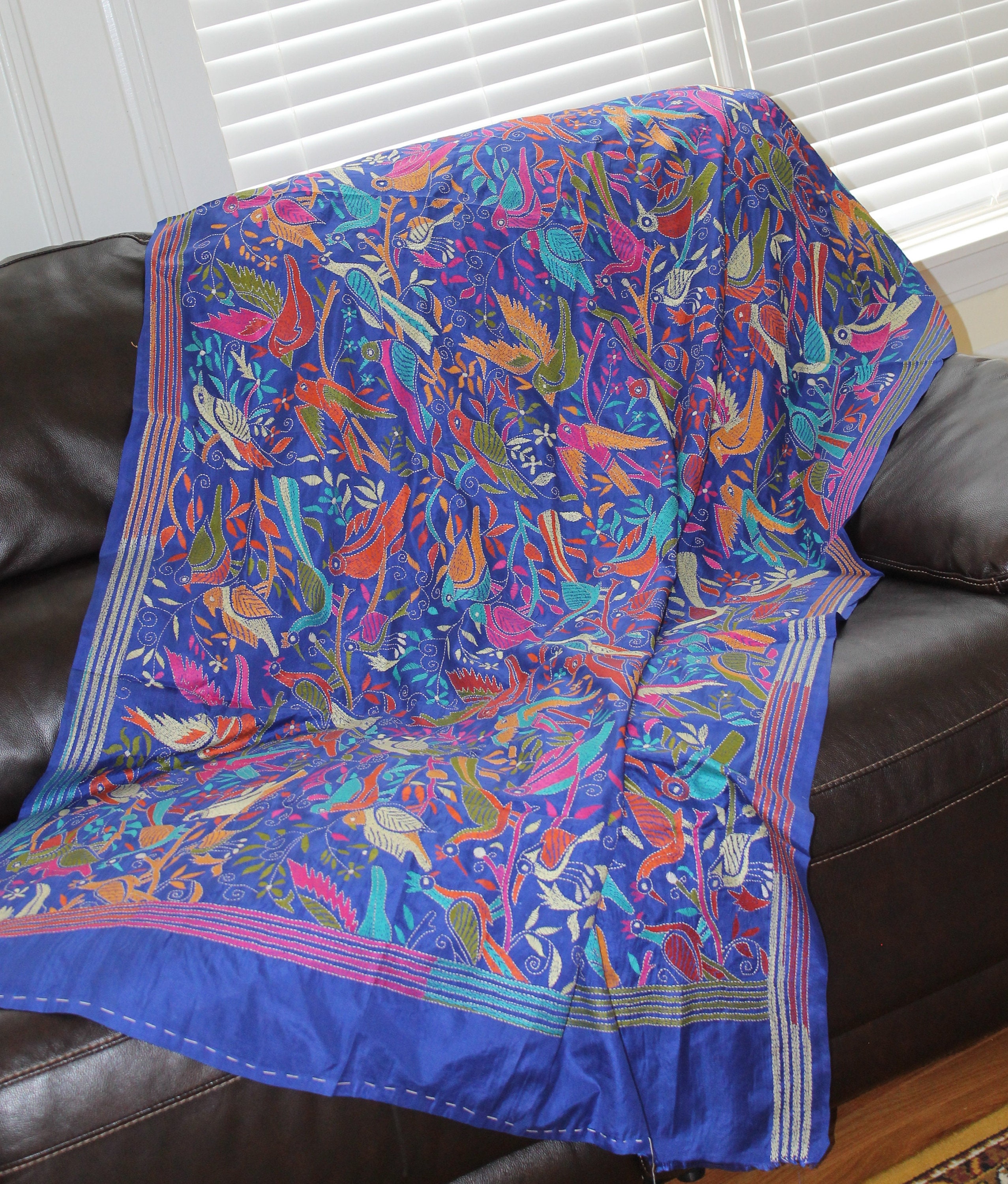 Sale Vintage, Boho, Blue Silk Blend Hand Embroidered in Flying Bird Motifs, Stole, Scarf, Wrap, Shawl, Chuppah, Extra Large, Over-Sized
