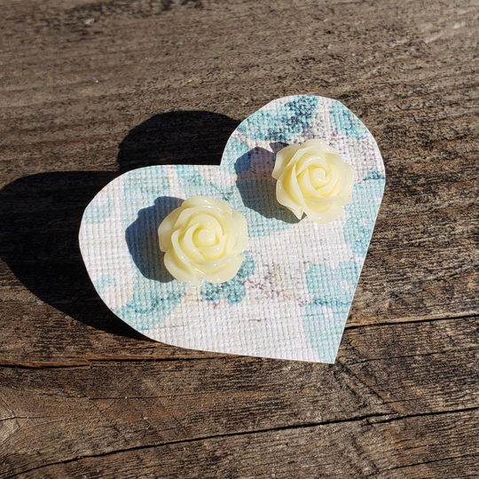 White Rose Stud Earrings Opaque Cream Off-White Colored Resin Flowers On Gold Plated Posts Lightweight Handmade Earrings