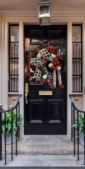 Snowman Snowball Whimsical Winter Glam Flocked Front Door Wreath Black White Red Christmas Party For