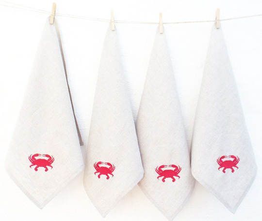 Crabs Napkins, Embroidered Nautical Napkins, Beach House Decor, Cotton Napkins, Seafood Napkins, Red Crab Napkins, Blue Napkins, Hostess Gift