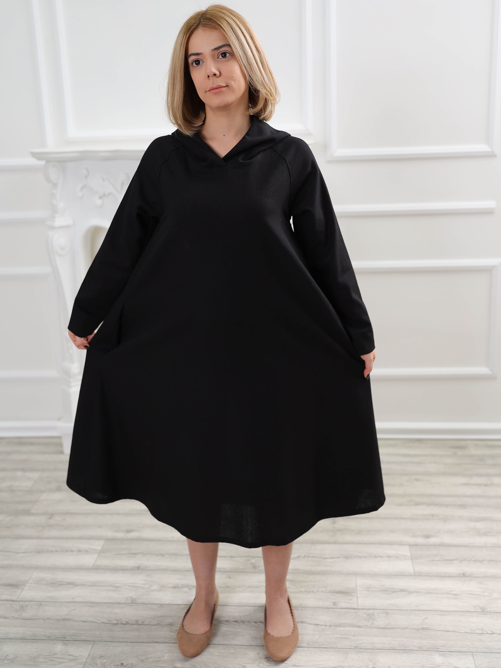 Relaxed Summer Linen Dress With Belt, Linen Slip Pockets, Long Sleeved Maxi