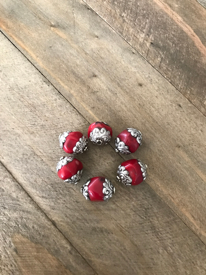 Listing For 1 Bead, Red Bamboo Coral Beads With Floral Caps, Handcrafted, Nepalese, Tibetan Repousse Silver, Himalayan