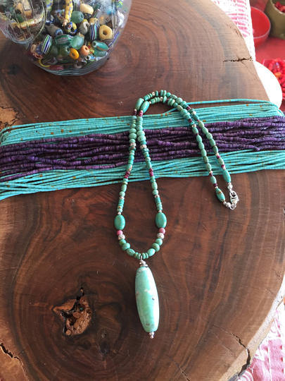 Long Turquoise Pendant & Purple Spiny Oyster Shell Cynthia Sundance Moon Artisans Semiprecious Stone Necklace, .925 Sterling Silver Ooak