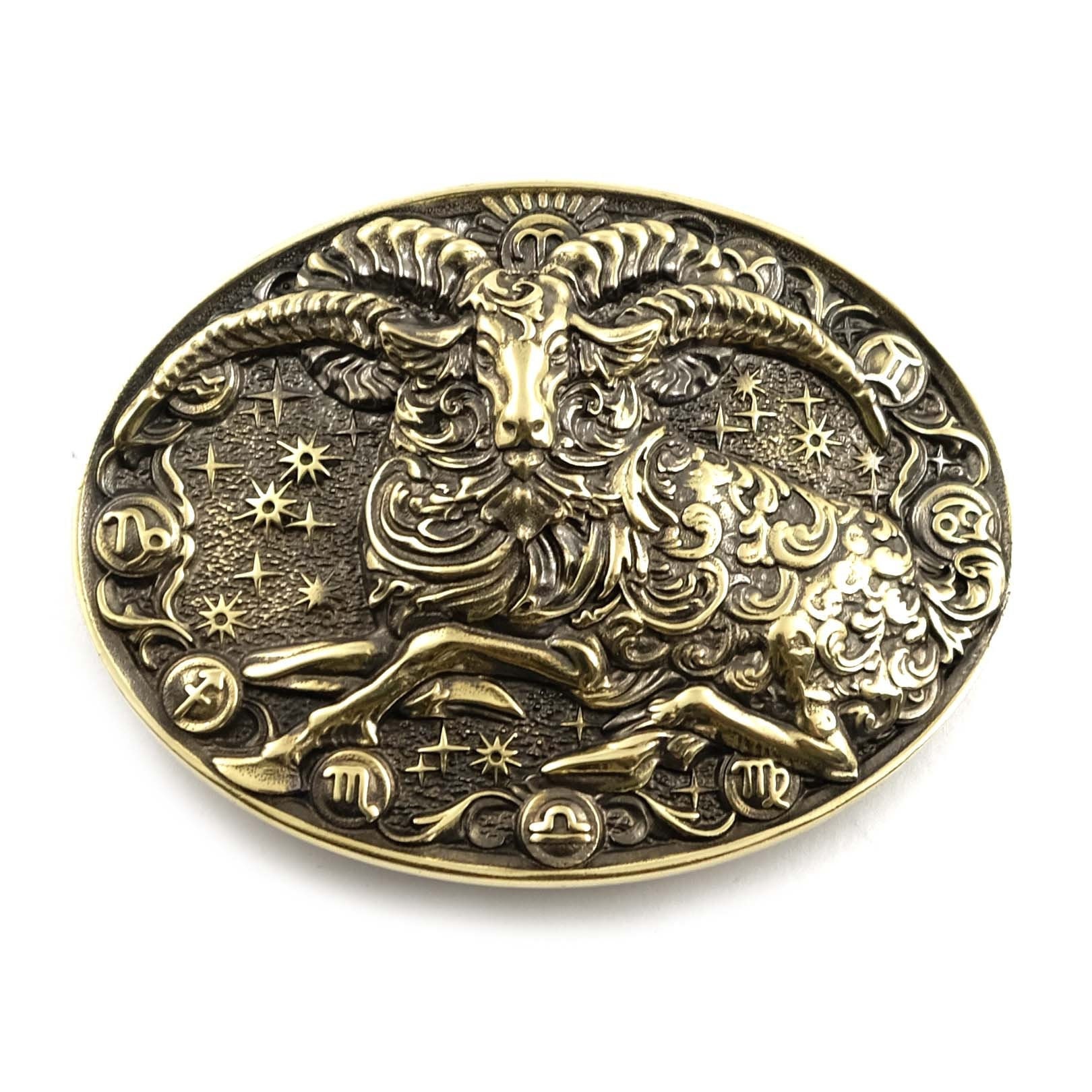 Aries Belt Buckle, Ram First Fire Horoscope Astrological Zodiac Sign Solid Brass Buckle For Casual Men & Women