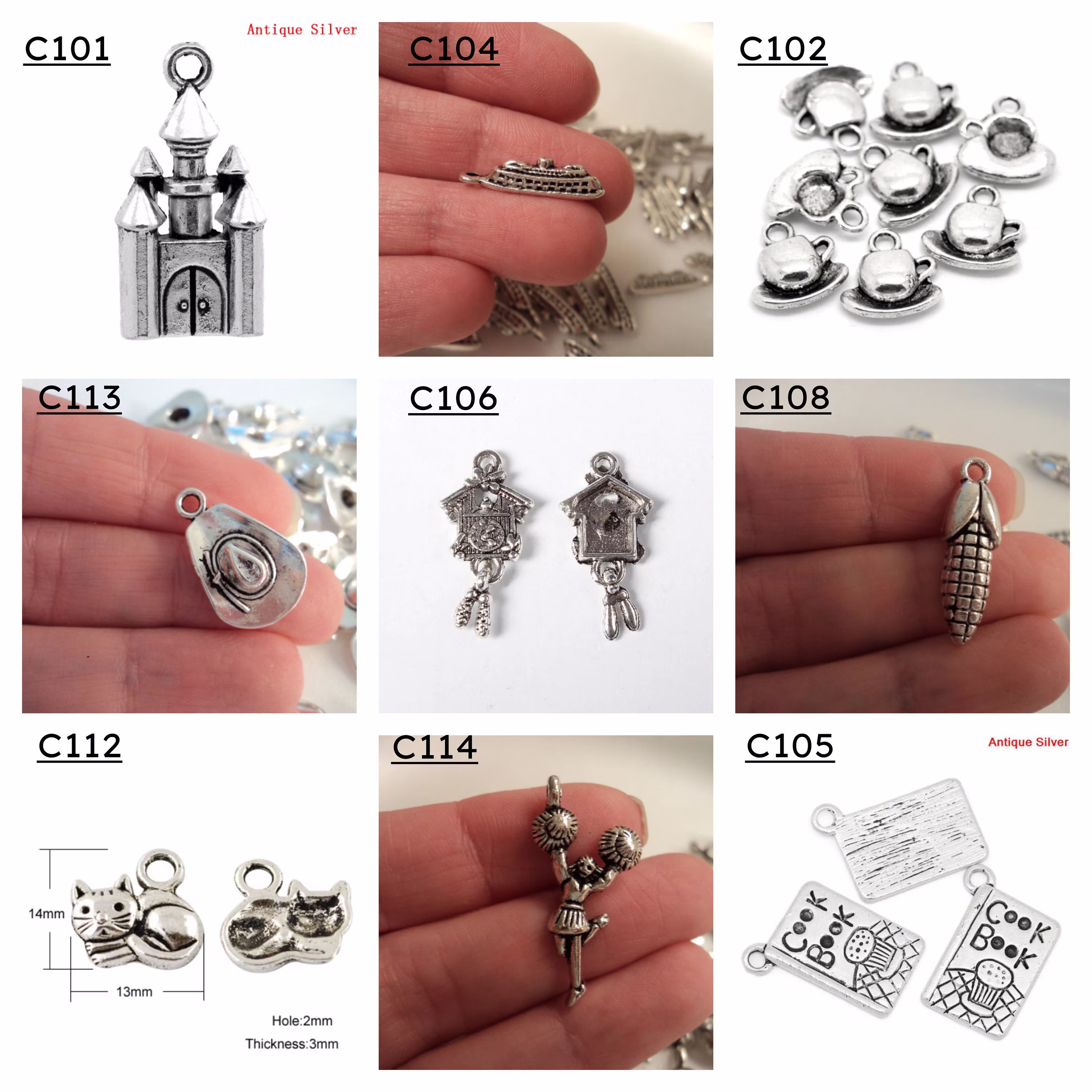 Charm - "C" Castle, Coffee Cup, Cruise Ship, Cook Book, Cuckoo Clock, Corn, Cowboy Hat, Cheerleader