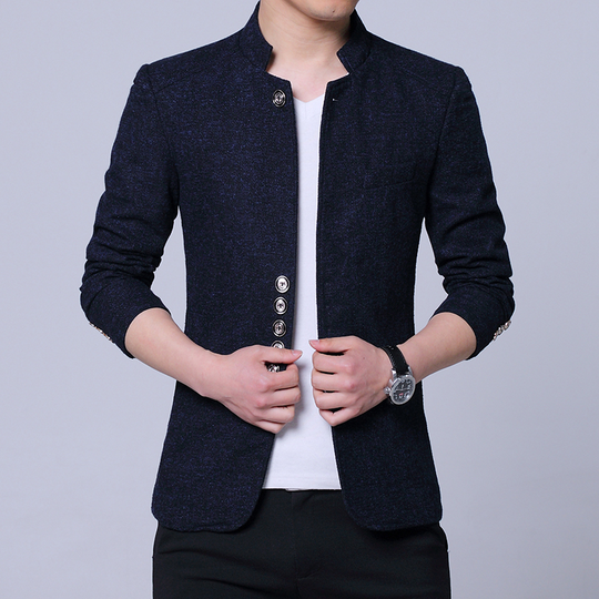 2022 Men Fashion Stand Collar Slim Fit Chinese High Quality Blends Suit Jacket / Male Casual Trend Large Size Wool Blazer Coat - navy blue, asian 5xl