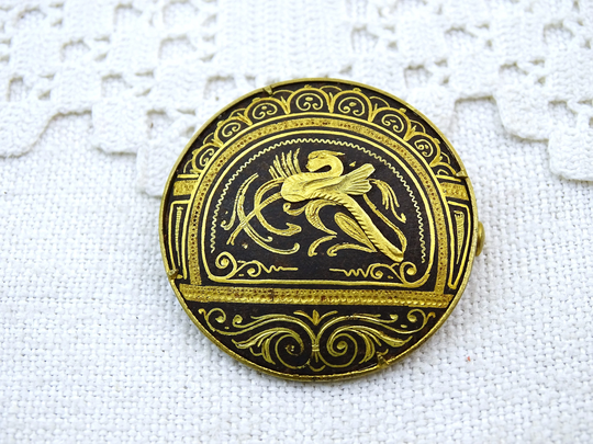 Vintage Spanish Round Damascene Brooch With Gold Tone Metal On Black & Griffin Style Classical Design, Retro Decorative Pin From Spain