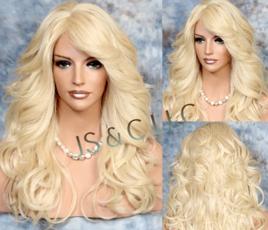 Human Hair Blend Long Full Heat Ok Wavy Wig Romantic Feathered Sides Bangs Layers Bleach Blonde Cancer/Alopecia/Cosplay