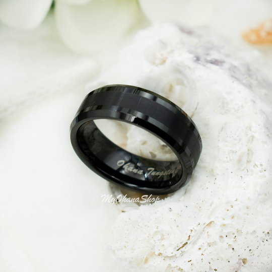 8mm Black Tungsten Carbide Band For Men, Women. Beveled Edge, Comfort Fit Thumb Ring, Wedding Index Or Pinky Ring. His & Hers Rings