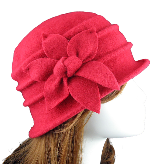 Flower Decor Felt Hat Solid Color Wool Blend Thick Warm Women Winter Hat Fashion Accessories - red, one size