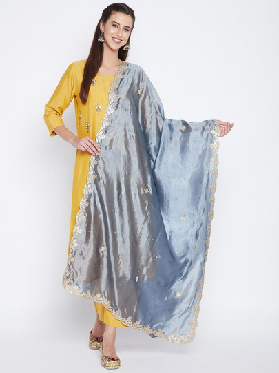 Women's Silk Blend Grey & Gold-Coloured Ethnic Motifs Embroidered Dupatta With Gotta Patti Free Shipping