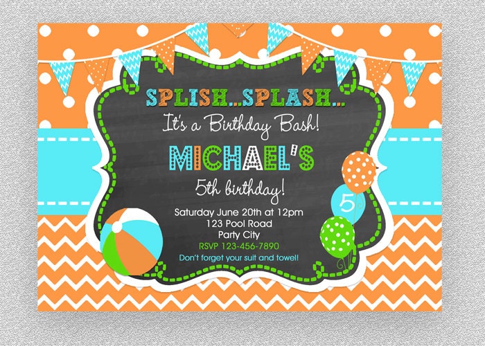 Boys Pool Party Invitation , Children's Invitation, Splash Birthday Party, Birthday